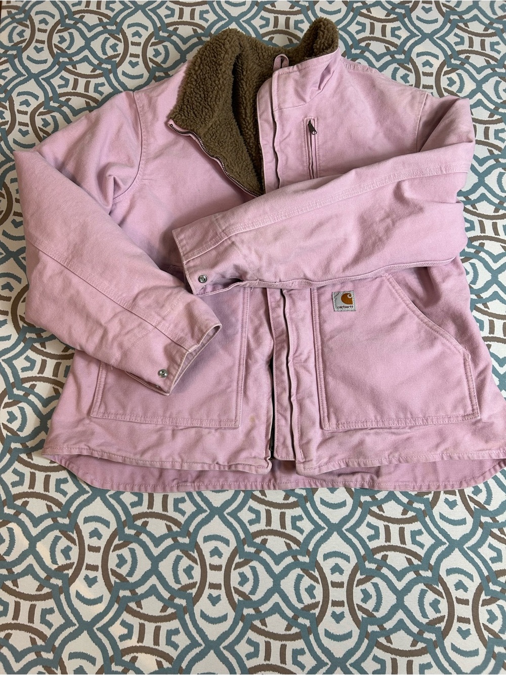 Carhartt Pink Girls' Insulated Canvas Jacket with Brown Sherpa Lining